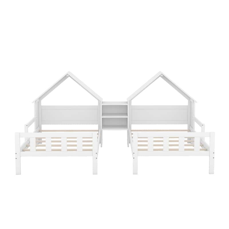 Double Twin Size Platform bed with House-shaped Headboard and a Built-in Nightstand, White