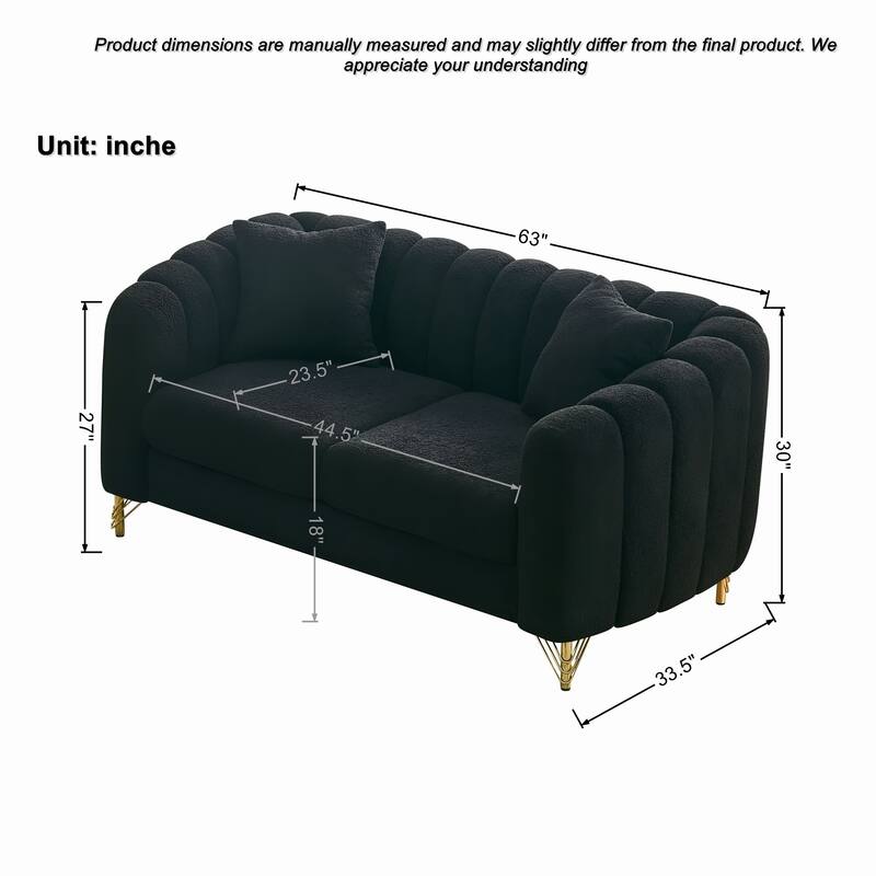 Roomfitters 63" Modern Teddy Fabric Loveseat with Gold Legs, Channel Stitched 2-Seater Sofa for Small Spaces