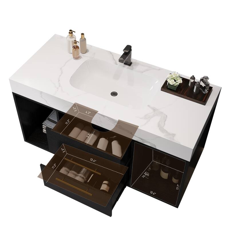 Modern Wall Mounted Bathroom Vanity Floating Storage Cabinet with Ceramic Sink, Faux Marble Countertop, Drawers and Open Shelves