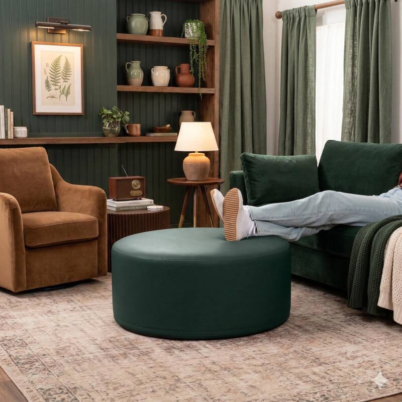 Jaxx Candler Round Couch Ottoman Large Coffee Table & Foot Rest - 36 Inch - Vegan Leather Hunter Green