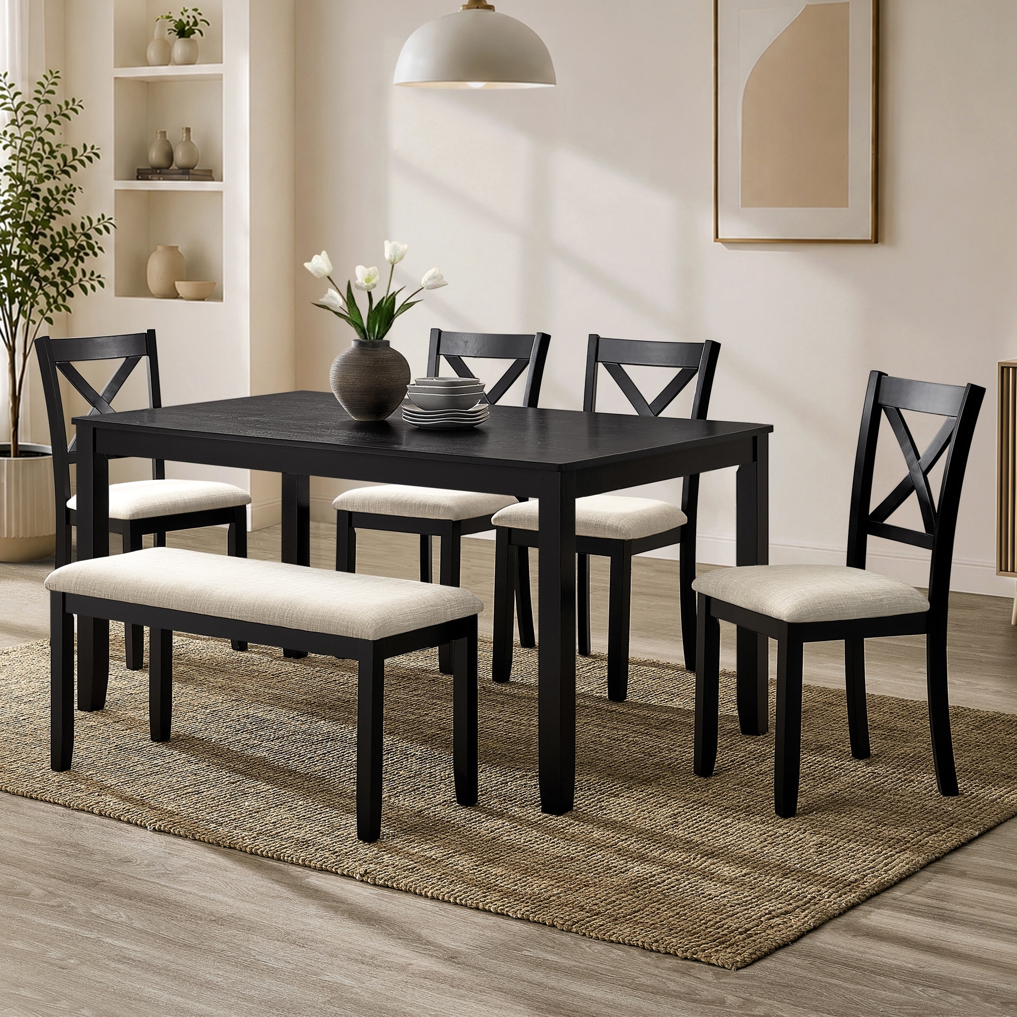6-Piece Dining Table Set for 6, Black Farmhouse Kitchen Table with Upholstered X-Back Chairs & Bench, Solid Wood