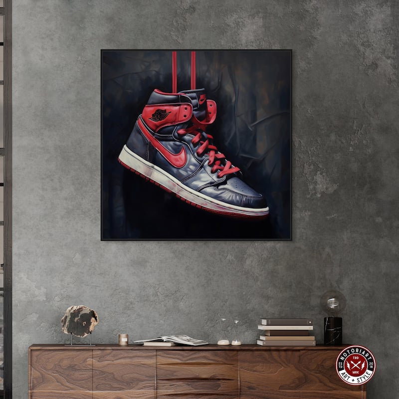 Notoriart Black And Red Hanging Sneaker Framed Sneaker 1 Piece Canvas Wall Art