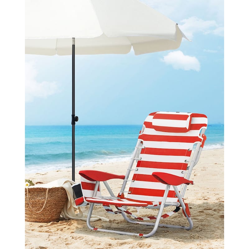 Folding Beach Chair with 4-Position Adjustable Backrest and Portable Low Seat Mesh Storage Pockets - 26.8"D x 24.8"W x 29.5"H