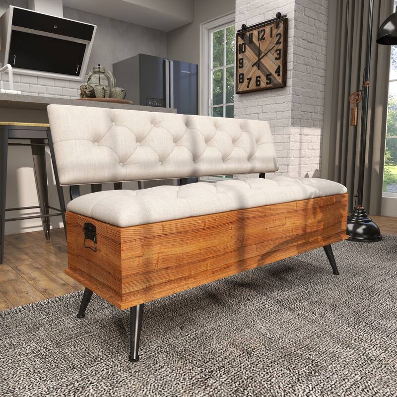 White Fabric Storage Bench with Cream Tufted Seat and Back