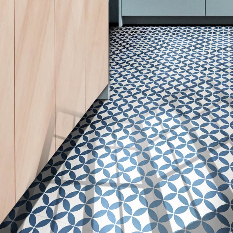 Amlo Handmade Cement Tile, 8x8, White-Navy