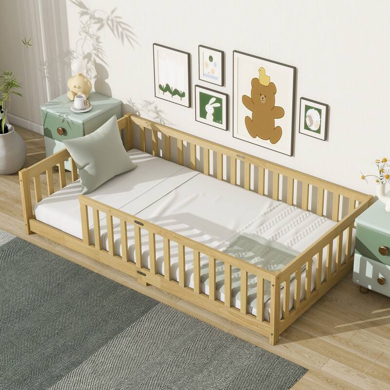 Rubber Wood Twin Size Floor Bed with Fence without Door