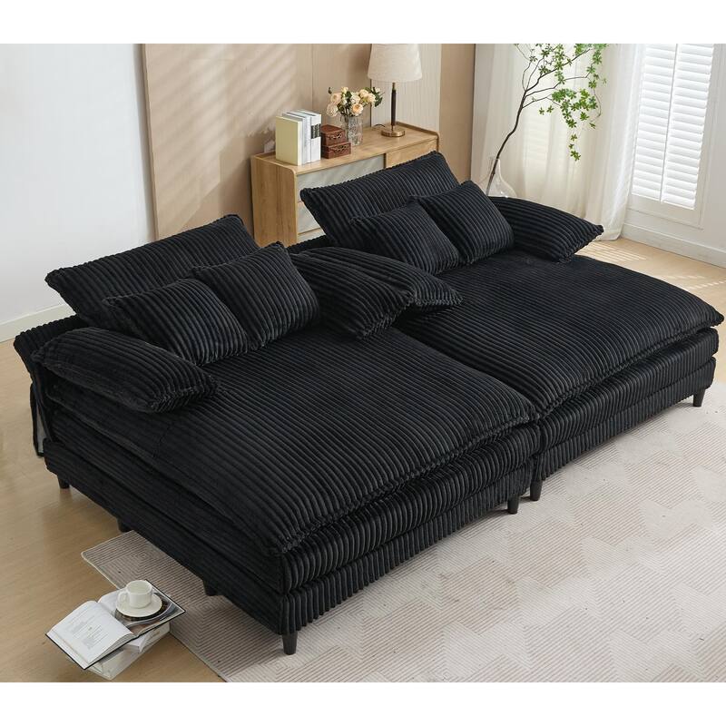 Oversized Corduroy Chaise Lounge Chair, Adjustable 4-Gear Reclining Sleeper Sofa Bed, Living Room Deep Seat Leisure Sofa Chair - Black - 2 Piece