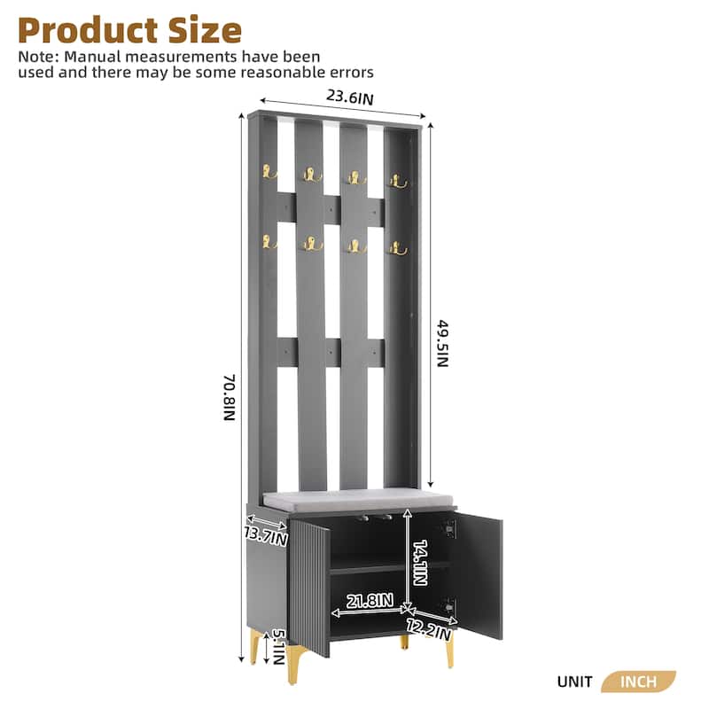 Modern 4-in-1 Hall Tree, Coat Rack with 8 Gold Hooks & Entryway Bench