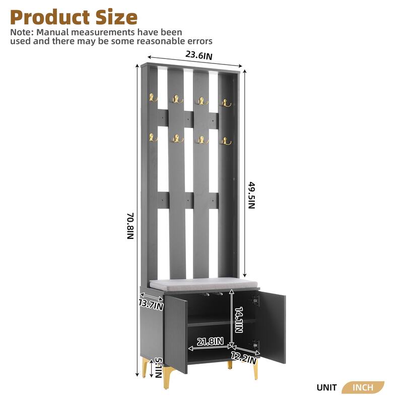 Modern Hall Tree, Wood Coat Rack with 8 Gold Hooks and Legs, Entryway Upholstered Bench with Adjustable Shelves & Doors