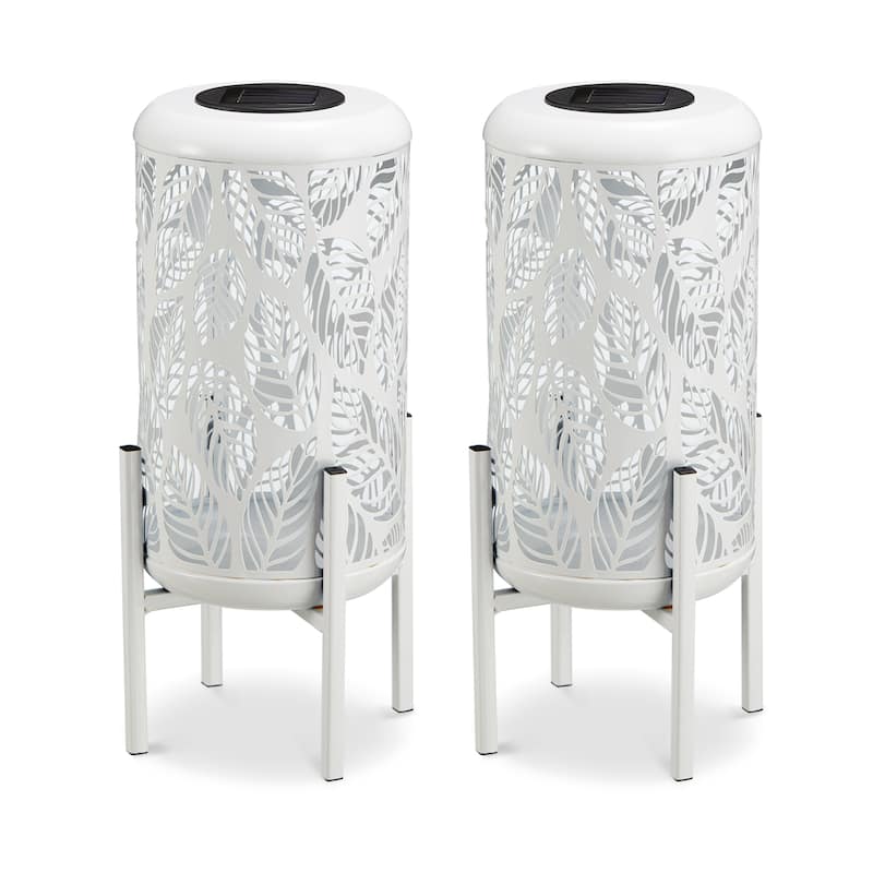 Glitzhome 14.25"H Set of 2 Metal Flower Cutout Solar Lanterns Floor Lantern