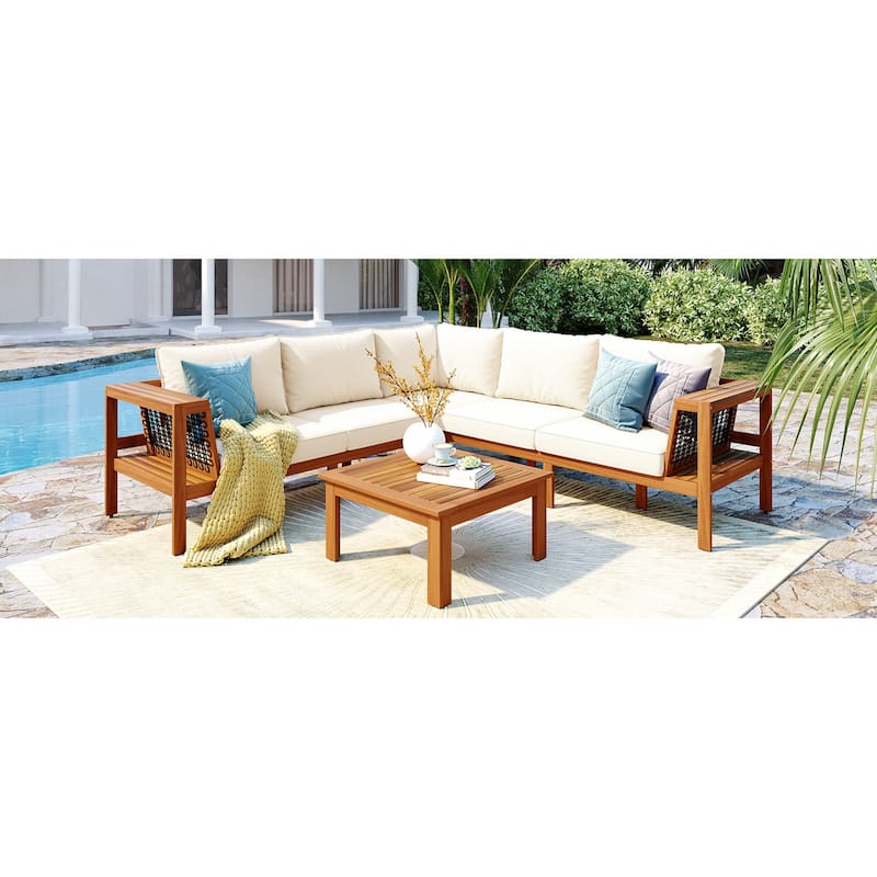 Roomfitters 4-Piece Outdoor Sectional Sofa Set with Coffee Table and Built-in Side Shelves, Wood Frame