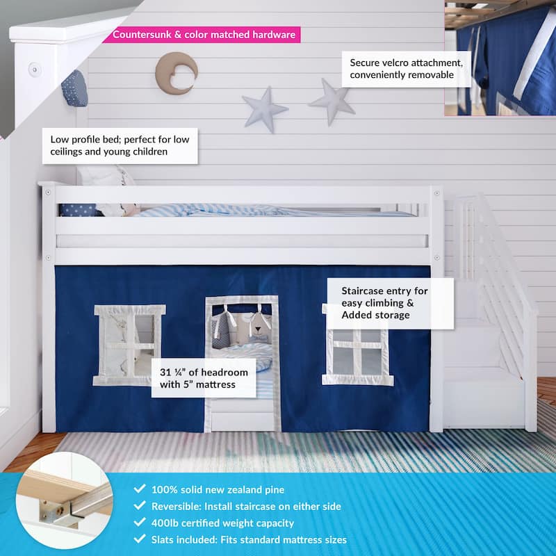 Max and Lily Twin over Twin Low Bunk Bed with Staircase and Curtains