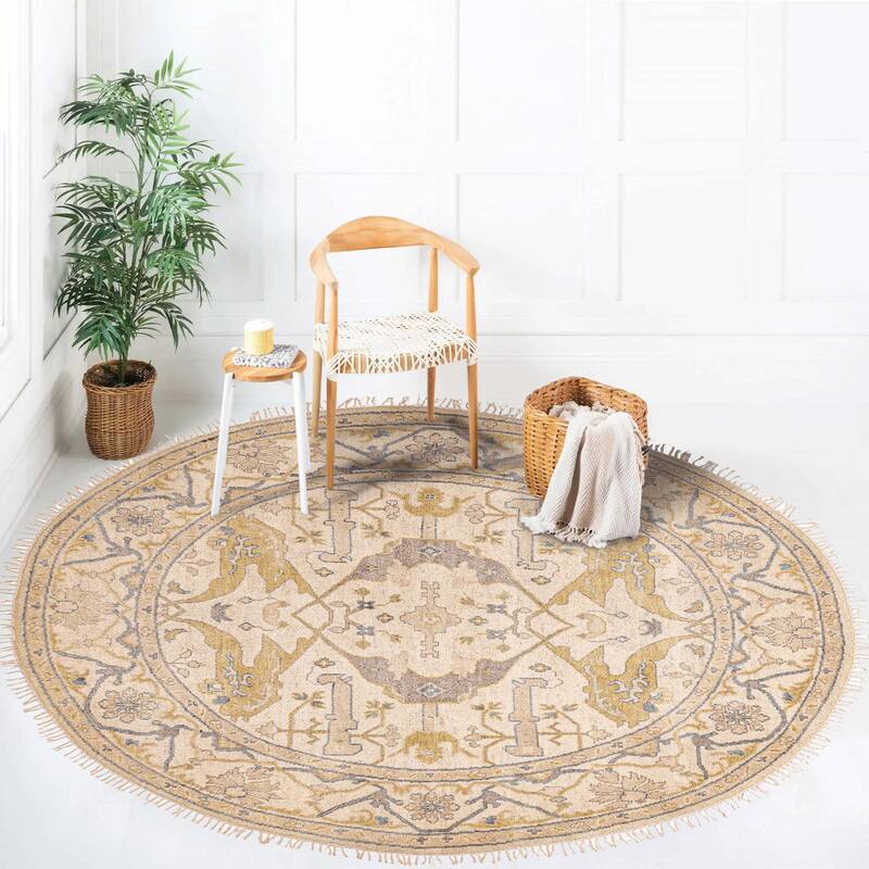 ECARPETGALLERY Hand-knotted Royal Oushak Ivory Wool Rug - 7'11 x 7'11