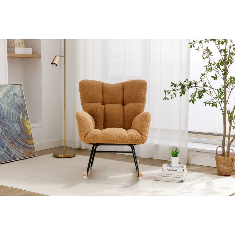 Teddy Fabric Upholstered Glider Rocker, Reading Chair with Thick Padded Seat, High Backrest Armchair with Wooden Legs