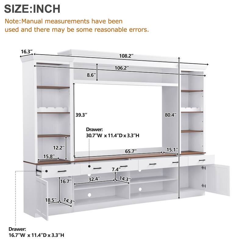 Farmhouse 4-Piece Entertainment Center with Bookshelf for TVs Up to 70", Walnut TV Stand with Adjustable Shelves