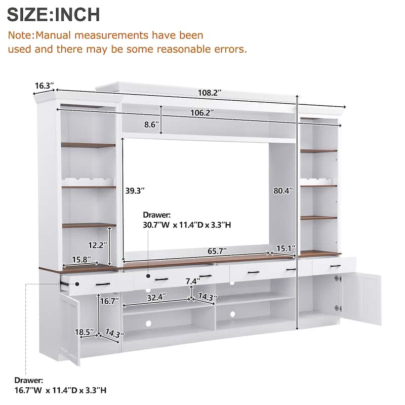 Farmhouse 4-Piece Entertainment Wall Unit for TVs up to 70", Walnut TV Stand with Bookshelves, Adjustable Shelves, Wine Rack