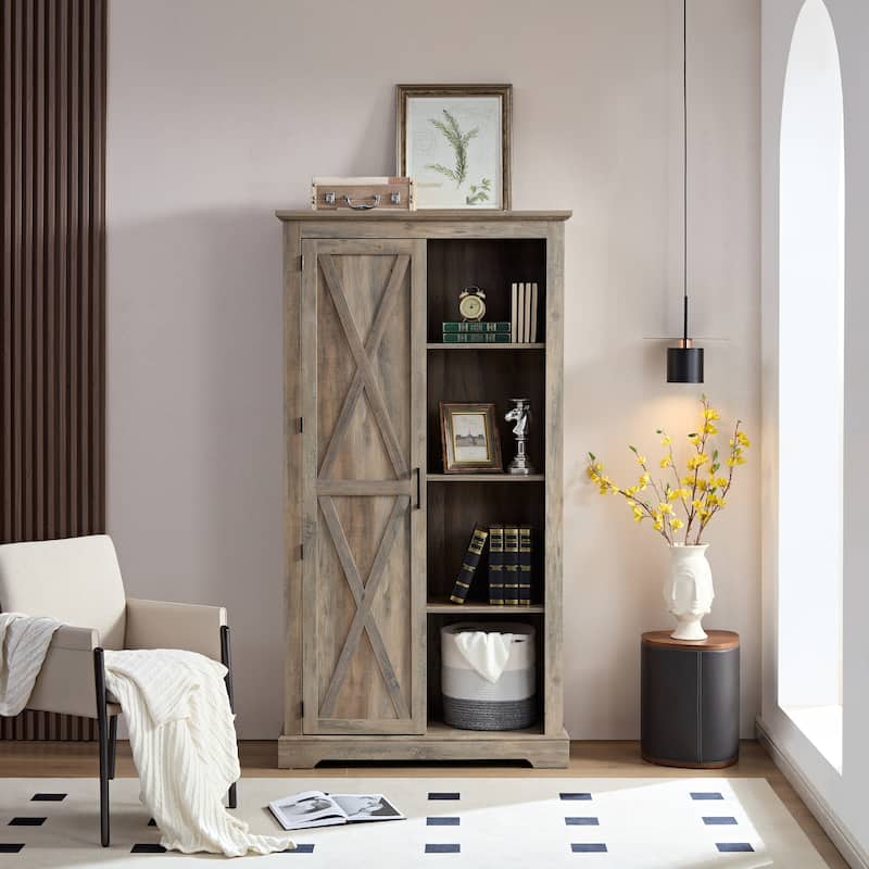 Storage Cabinet Barn Door Country Wood Rustic Pantry Cupboard Sliding Organizer Furniture Home Drawer Shelves - Gray Wash