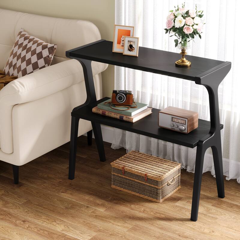 Wood 2-Tier Narrow Side End Chairside Table for Small Space