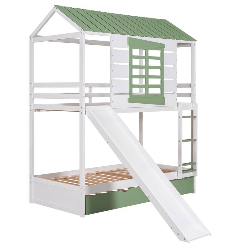 Convertible Twin Bunk Bed with Slide & Trundle, White & Green House Design