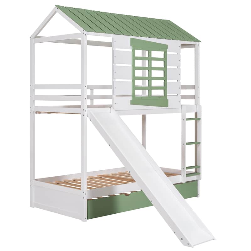 House Shaped Twin over Twin Bunk Bed with Slide, Trundle, and Full-Length Guardrail