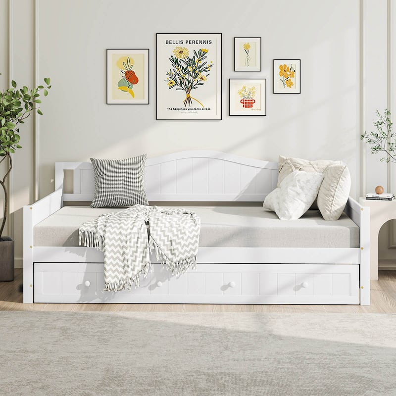 Costway Twin Size Daybed with Trundle Solid Wood Sofa Bed with Slats
