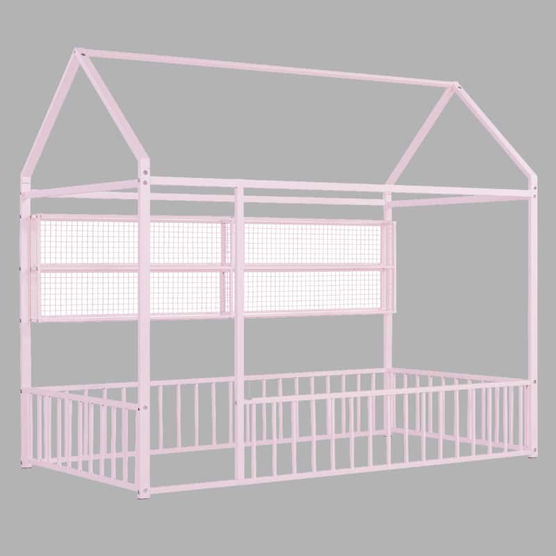 Twin Metal House Bed with Fence and 4 Shelves, Cozy Bedroom Design
