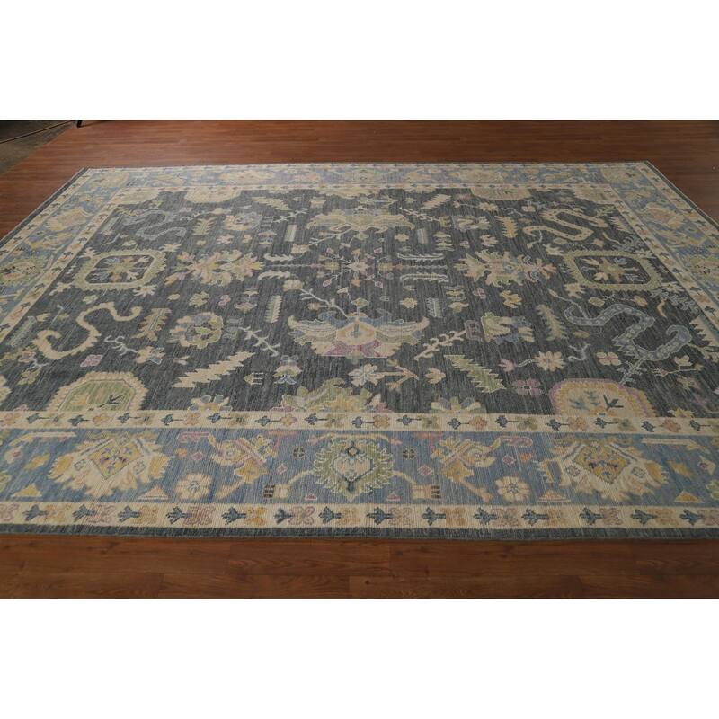 Vegetable Dye Floral Oushak Turkish Rug Hand-Knotted Grey Wool Carpet - 8'10" x 11'9"