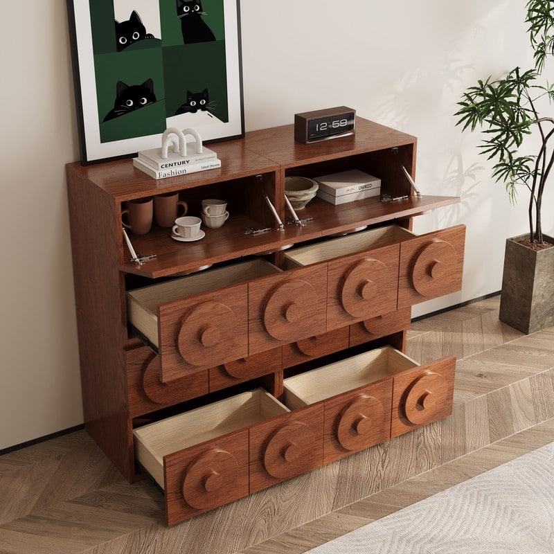 Modern 1-4 Pieces Modular Walnut Color Cabinets,TV Stands with Brown Solid Wood Veneer, Drawers & Caninets - 4 Pieces