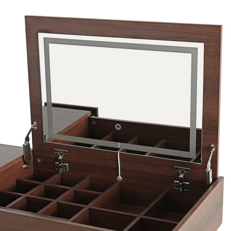 3-in-1 Vanity Desk with Lighted Flip-Top Mirror & Retractable Side Cabinet, Vanity Set with Stool & Storage Drawers