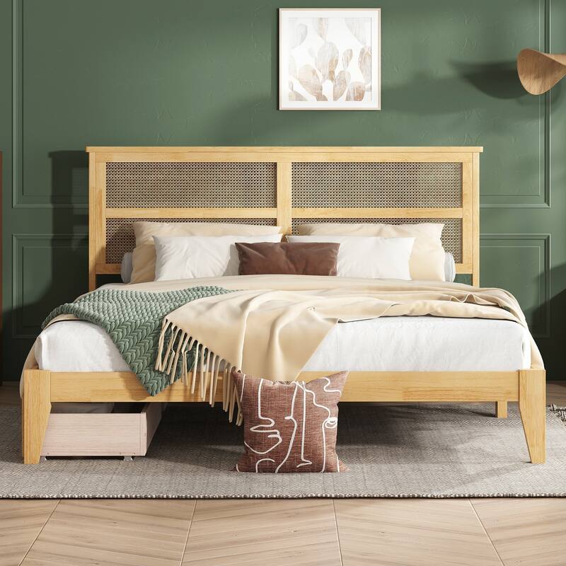 Queen Size Platform Bed with Rattan Headboard, 2 Underbed Storage Drawers, Solid Rubber Wood Frame
