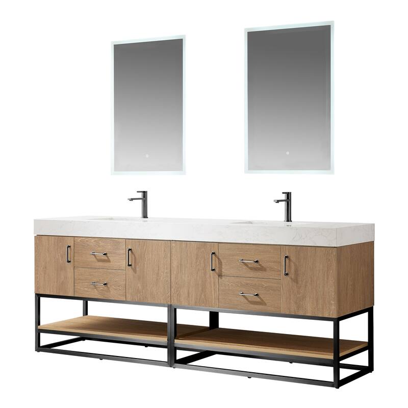 Alistair 84" Double Vanity with White Grain Stone Top and Mirror - 84" x 22" - 84" x 22" - North American Oak(Black Hardware)