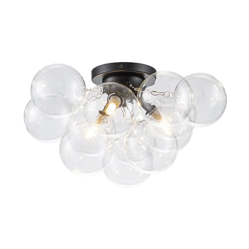 3-Light Clear Glass Globe Bubble Semi Flush Chandelier - Brass 18in
