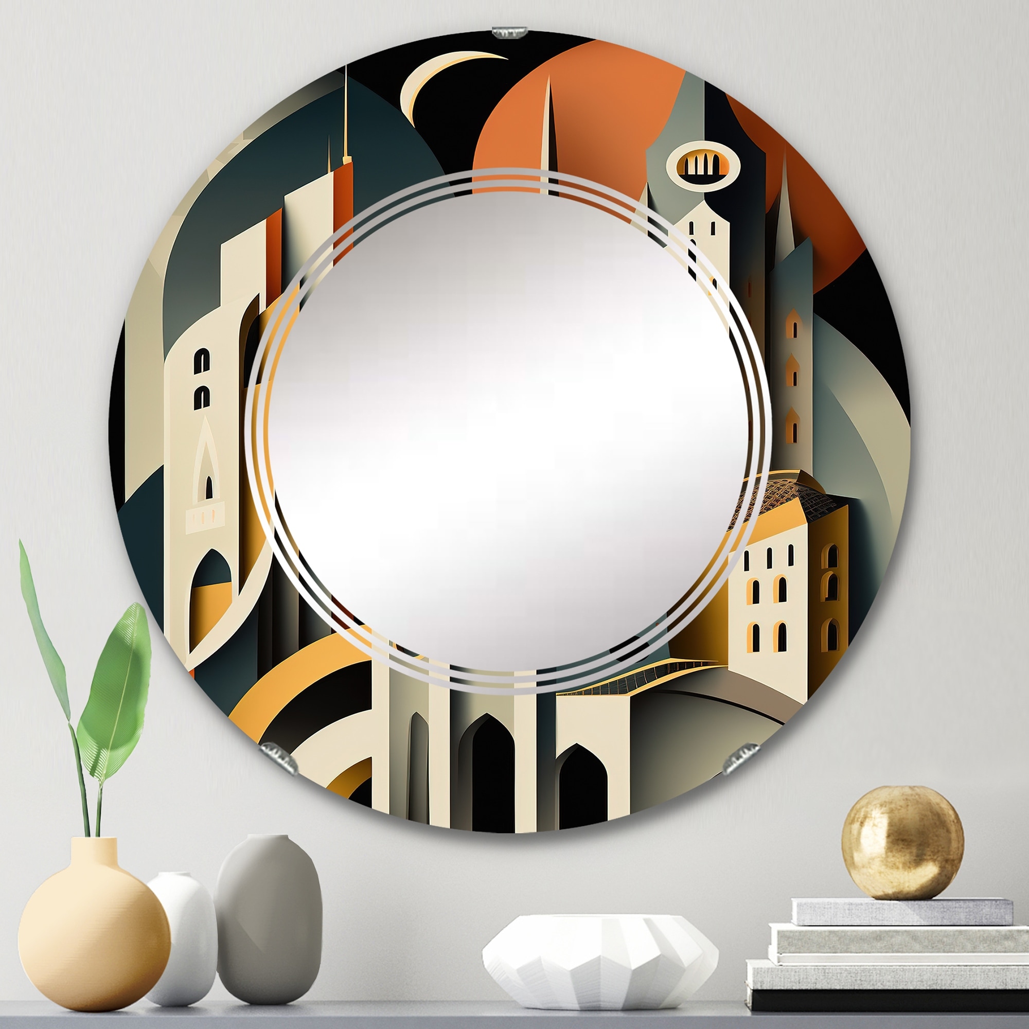 Designart 'Fantasy Cityscape III' Printed City Art Deco Wall Mirror