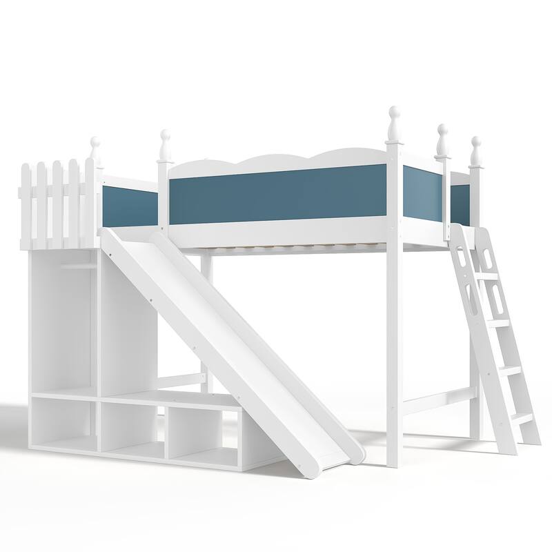 Twin Loft Bed with Storage Shelves and Wardrobe, Solid Wood Loft Beds with Detachable Slide and Ladders, No Spring Box Needed