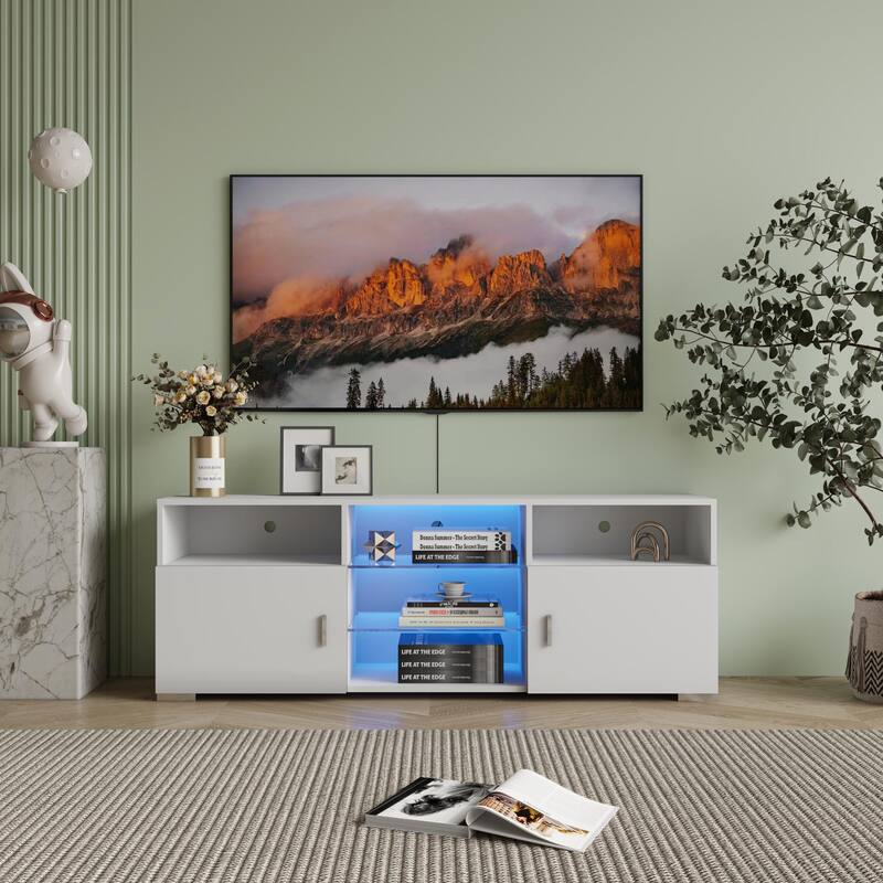 White Modern 57.08" TV Stand with LED Lights, Open Shelves, and 2 Cabinet and for 32-60 Inch TVs - White