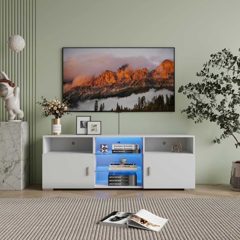 White Modern 57.08" TV Stand with LED Lights, Open Shelves, and 2 Cabinet and for 32-60 Inch TVs