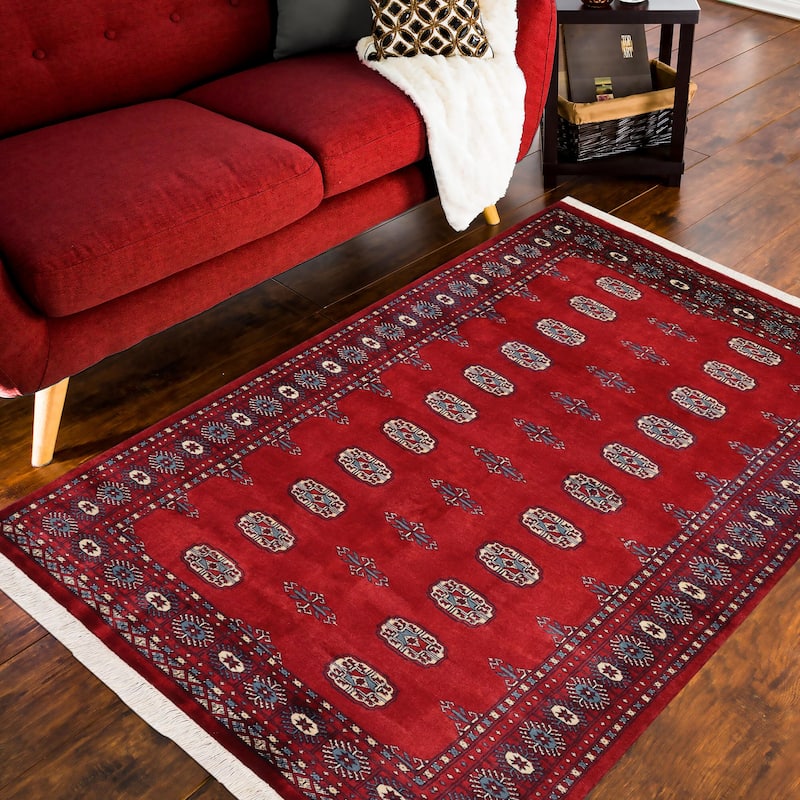 Tribal Bokhara Underwood Red/Blue Hand Knotted Wool Rug - 4'1'' x 6'1''