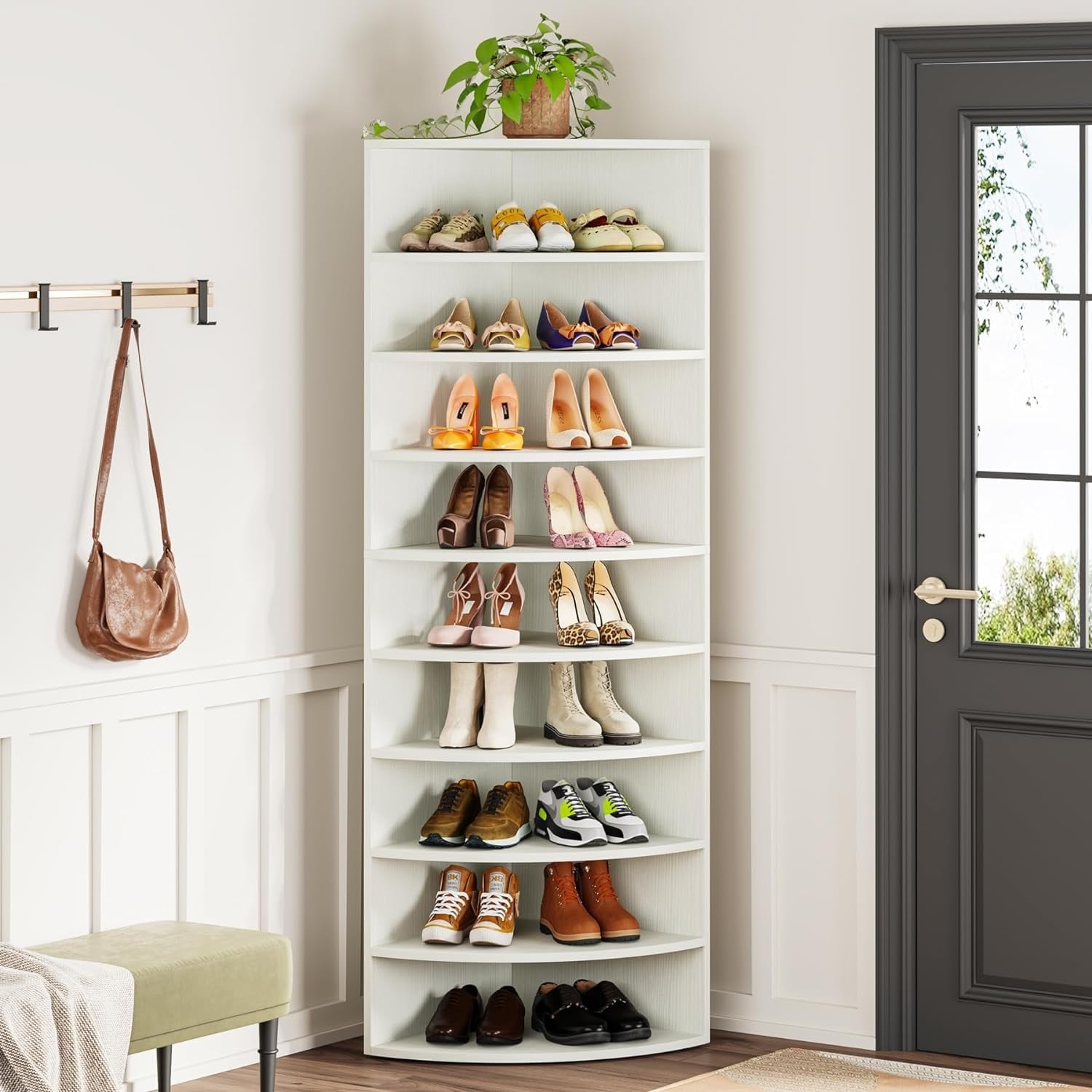 Vertical Shoe Rack, 9-Tier White Wooden Shoe Cabinet, Multi