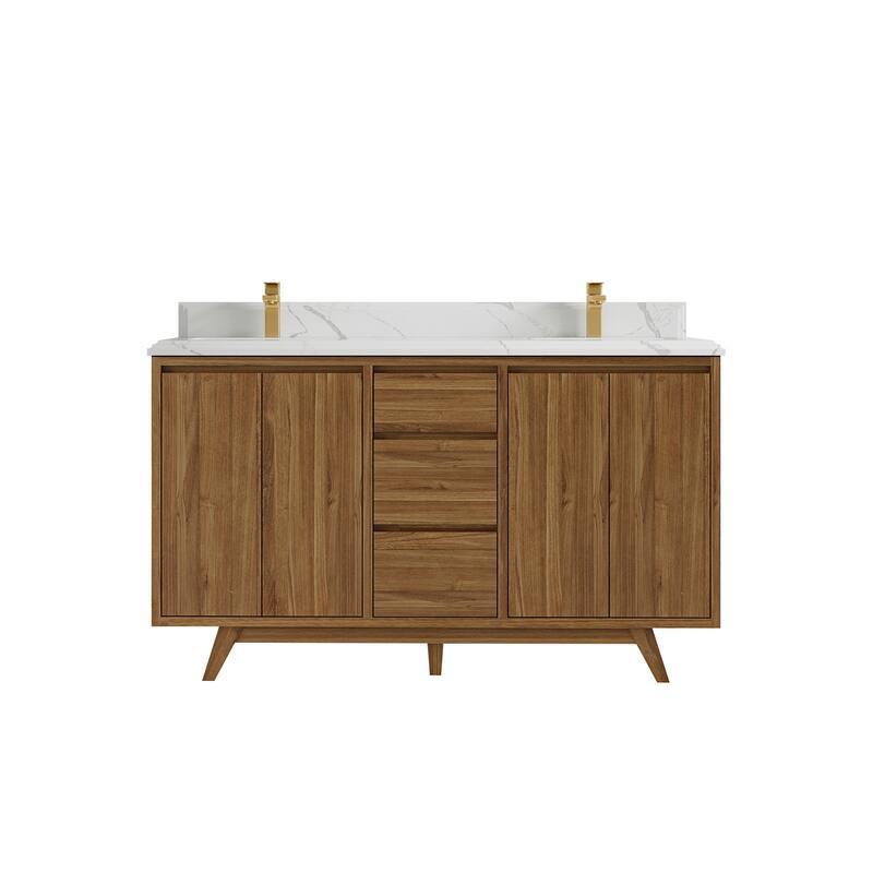Willow Collections 60 in. W x 22 in. D Madison Teak Double Sink Bathroom Vanity with Countertop - 1.5" Calacatta Laza - Golden Teak