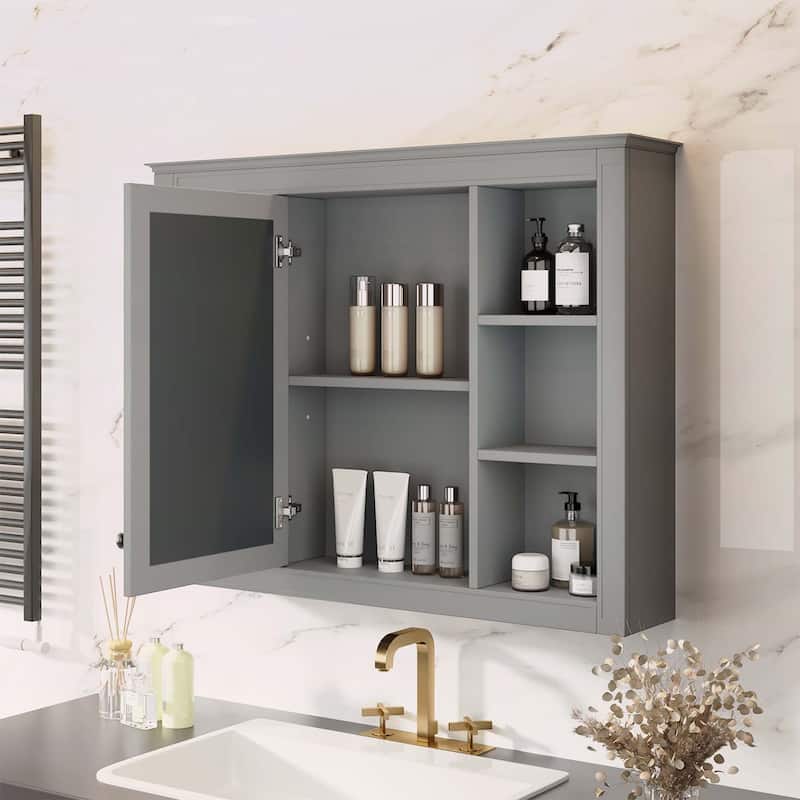 Wall-Mounted Bathroom Storage Cabinet with Mirror,6 Open Shelves,Modern and Space-Efficient Design - Grey