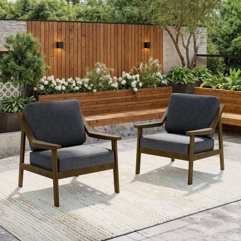 Solid Wood Outdoor Arm Chair Loveseat with Cushion - Brown/Dark Grey - 2 Club chairs