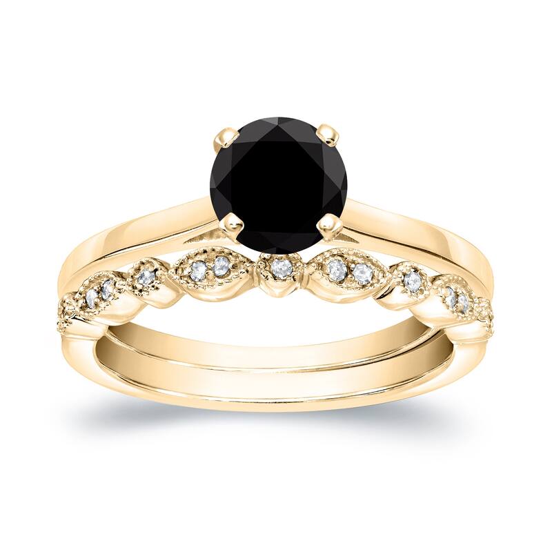 Auriya 14k Gold 3/4ctw Vintage Solitaire Black Diamond Engagement Ring Set - Yellow - 5.5