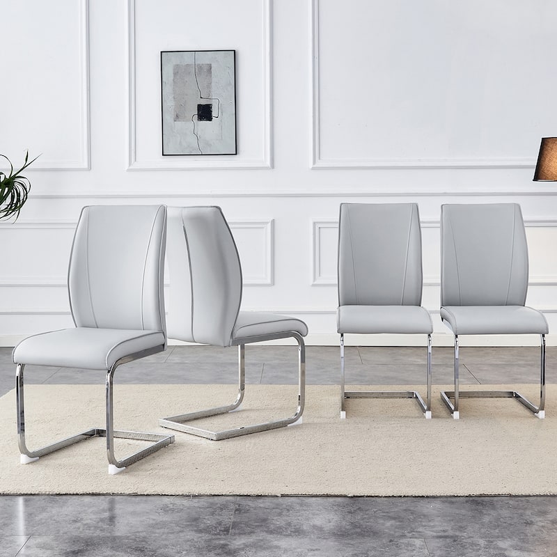 4PCS PU Dining Chairs With Silver Legs - Light Grey