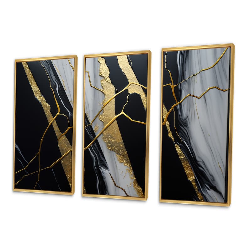 Designart "Abstract Geode Black II" Abstract Marble Framed Canvas Art Print - 3 Panels