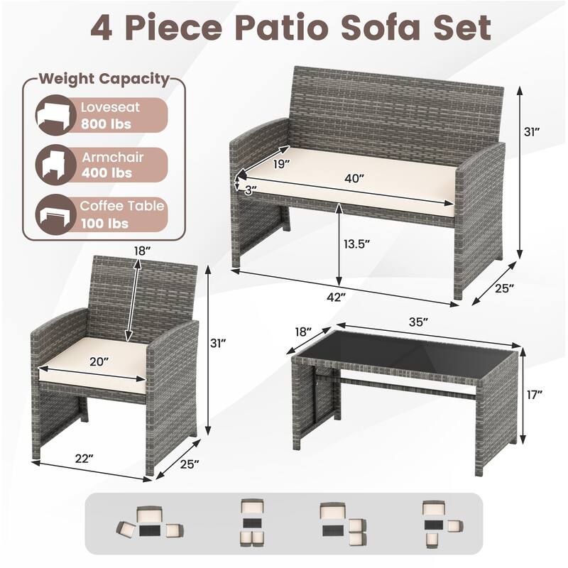 4 Piece Outdoor Patio Furniture Set Mix Gray PE Rattan Loveseat Armchairs and Tempered Glass Coffee Table with Cushions