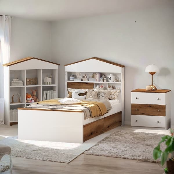 slide 2 of 15, 3PS A Set Of Kids Fun House-Shaped Wooden Bed with Nightstand and Storage Rack Brown White