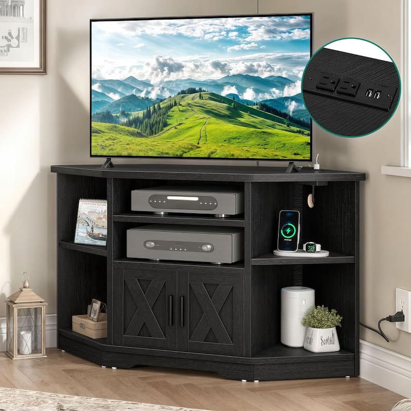 Moasis Farmhouse Corner TV Stand Entertainment Center for TV up to 55-inch w/Power Outlet - Black