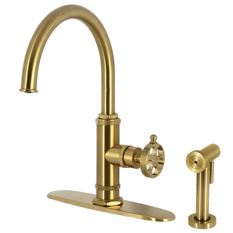 Kingston Brass Webb Single-Handle 1-Hole Deck Mount Kitchen Faucet with Knurled Handle and Brass Side Sprayer - Brushed Brass