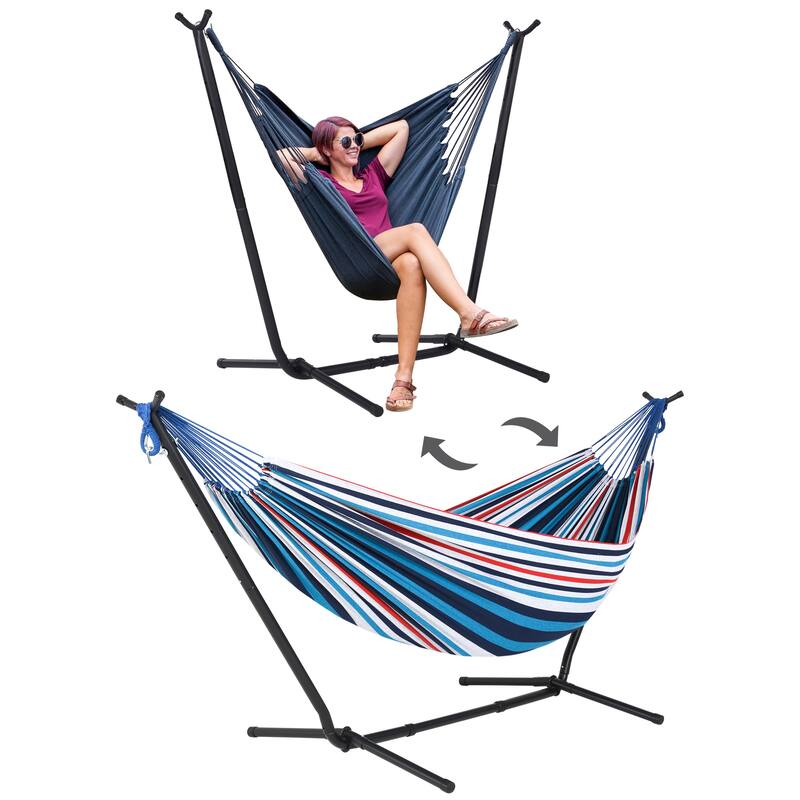 10.7 ft. 2-Person Brazilian-Style hammock with Stand - Convertible - Sea Blue Striped