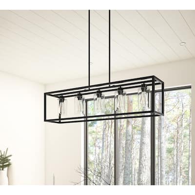 Modern Black 5-Light Rectangle Iron Frame Kitchen Island Pendant Lighting Fixture